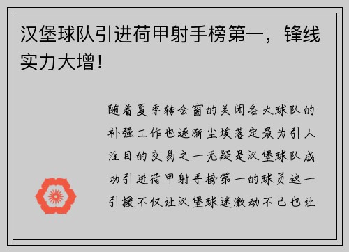 汉堡球队引进荷甲射手榜第一，锋线实力大增！